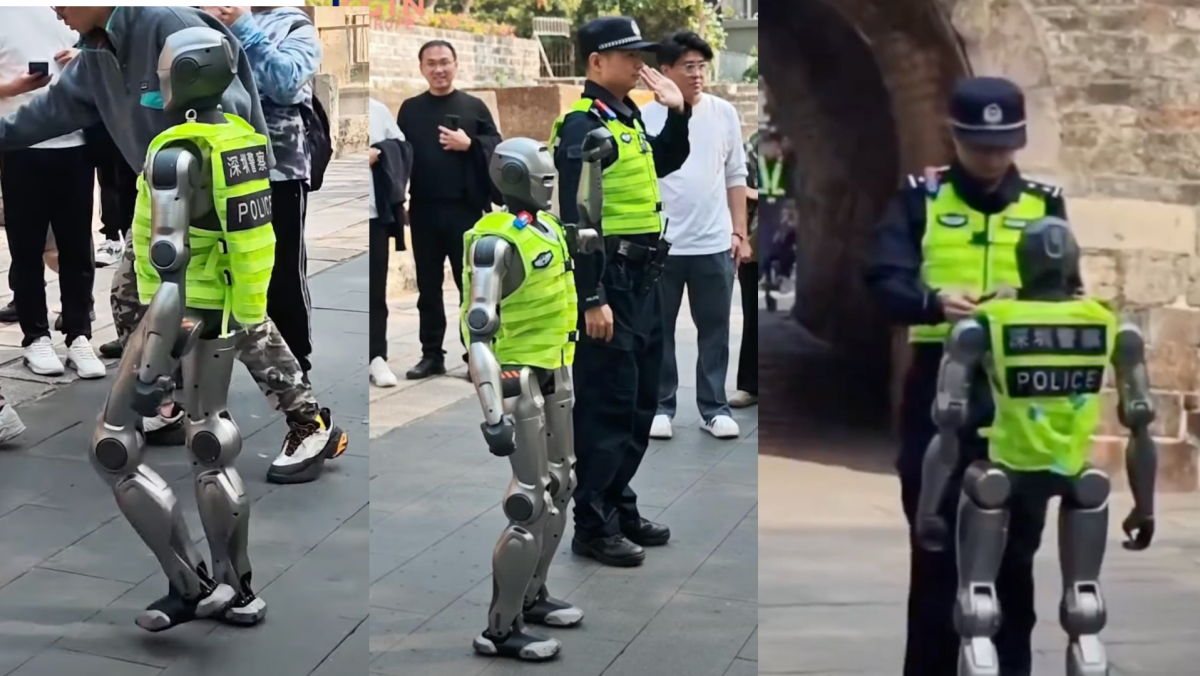A RoboCop robot in Shanghai directing traffic at a busy intersection, surrounded by pedestrians and city lights