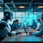 A humanoid robot working alongside humans in a modern office, symbolizing the transformation of AI and entry level jobs.