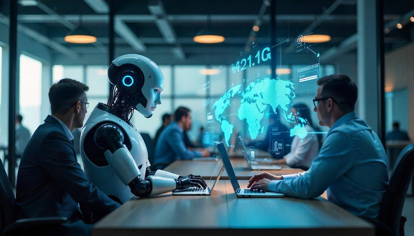 A humanoid robot working alongside humans in a modern office, symbolizing the transformation of AI and entry level jobs.