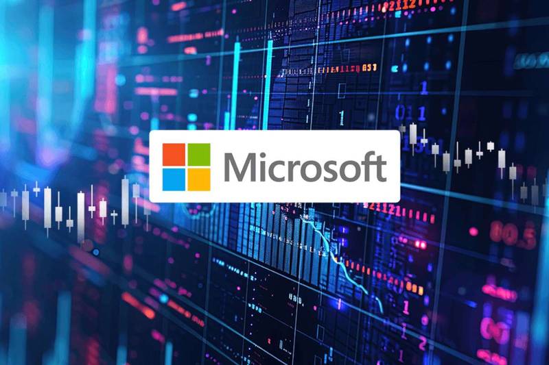 Microsoft logo with rising stock chart showing surge after strong MSFT earnings report