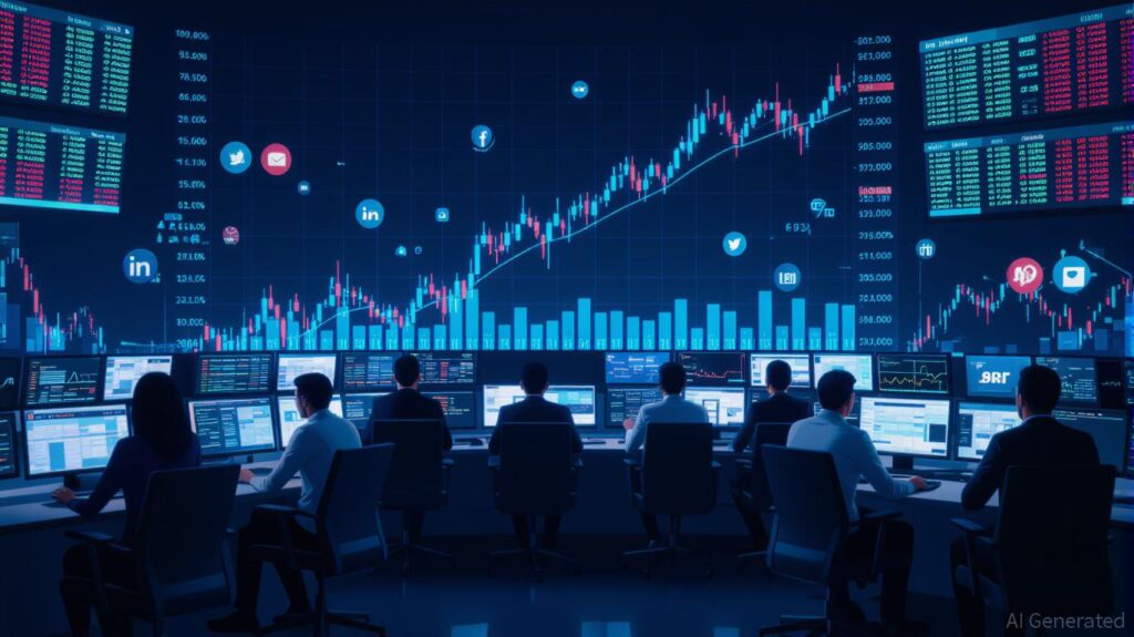 A humanoid robot and a man in front of financial charts, symbolizing collaboration in meme stock behavior.