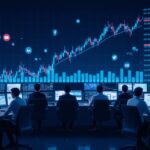 A humanoid robot and a man in front of financial charts, symbolizing collaboration in meme stock behavior.