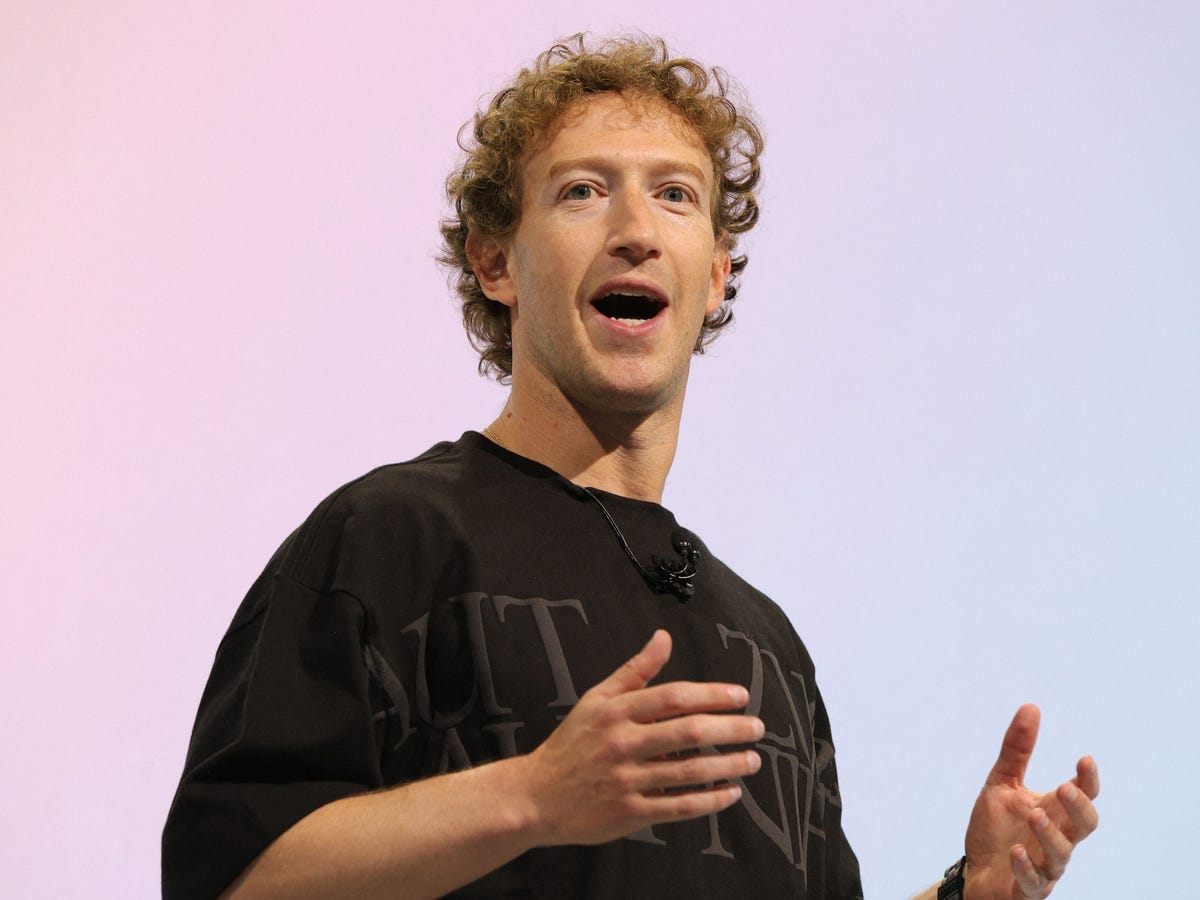 Mark Zuckerberg explaining Meta’s AI strategy 2025 during a tech conference, highlighting concerns about open-source AI and superintelligence