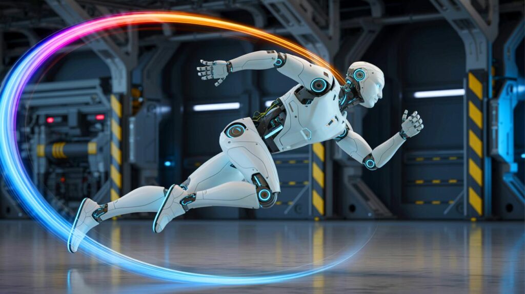 Futuristic humanoid robot sprinting at high speed, representing Chinese robot L7 sprint speed breakthrough