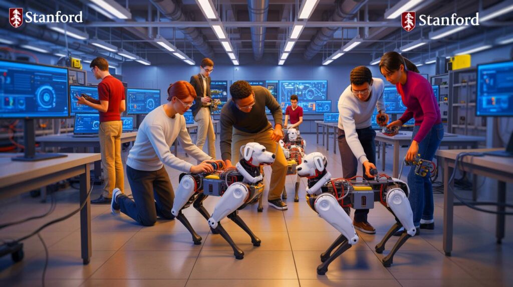 Stanford students working collaboratively in a robotics lab on advanced mini AI robot dogs.