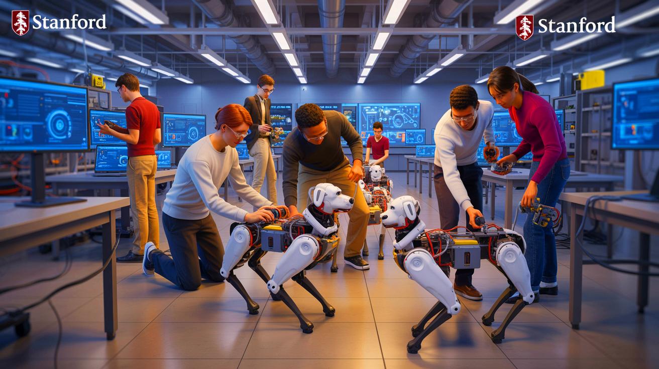 Stanford students working collaboratively in a robotics lab on advanced mini AI robot dogs.