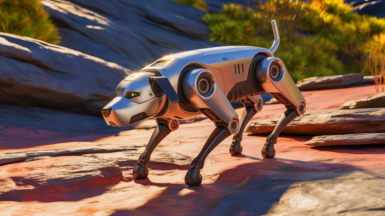 AI-fueled robot dog navigating rocky, sandy, and uneven terrains without human assistance, demonstrating adaptive movement learned through artificial intelligence.