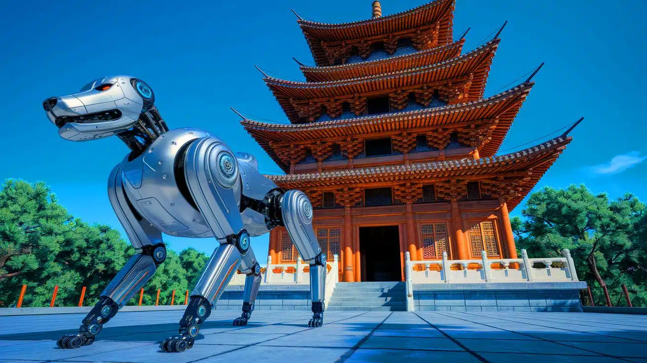AI robotic dog guarding ancient wooden temple in China