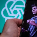 Sam Altman expressing concern with ChatGPT logo in the background, reflecting his fear of GPT-5's potential.