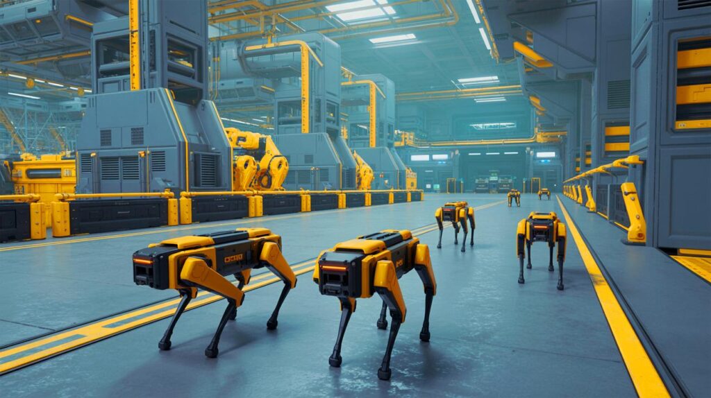 Yellow and black robot dogs patrol a futuristic industrial facility with automated machinery.