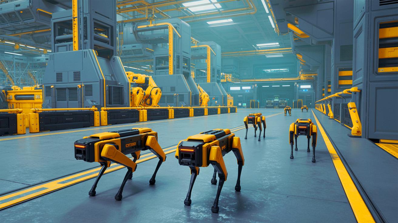 Yellow and black robot dogs patrol a futuristic industrial facility with automated machinery.