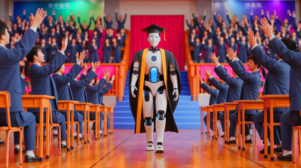 Humanoid graduation robot receiving high school diploma on stage during official ceremony in China.