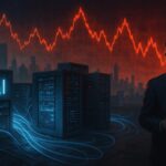 Futuristic AI data centers with economic graphs showing volatility, symbolizing the risks of AI infrastructure investment.