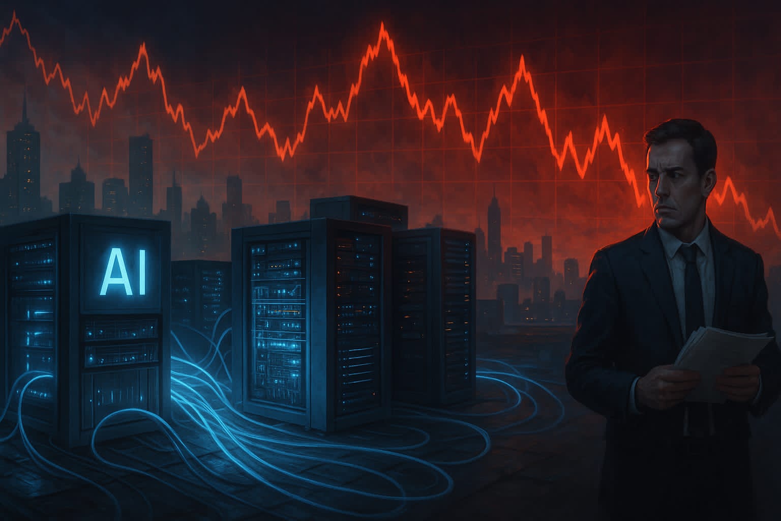 Futuristic AI data centers with economic graphs showing volatility, symbolizing the risks of AI infrastructure investment.