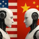 Two humanoid robots representing the US and China face off with national flags in the background, symbolizing the AI showdown between the two superpowers.