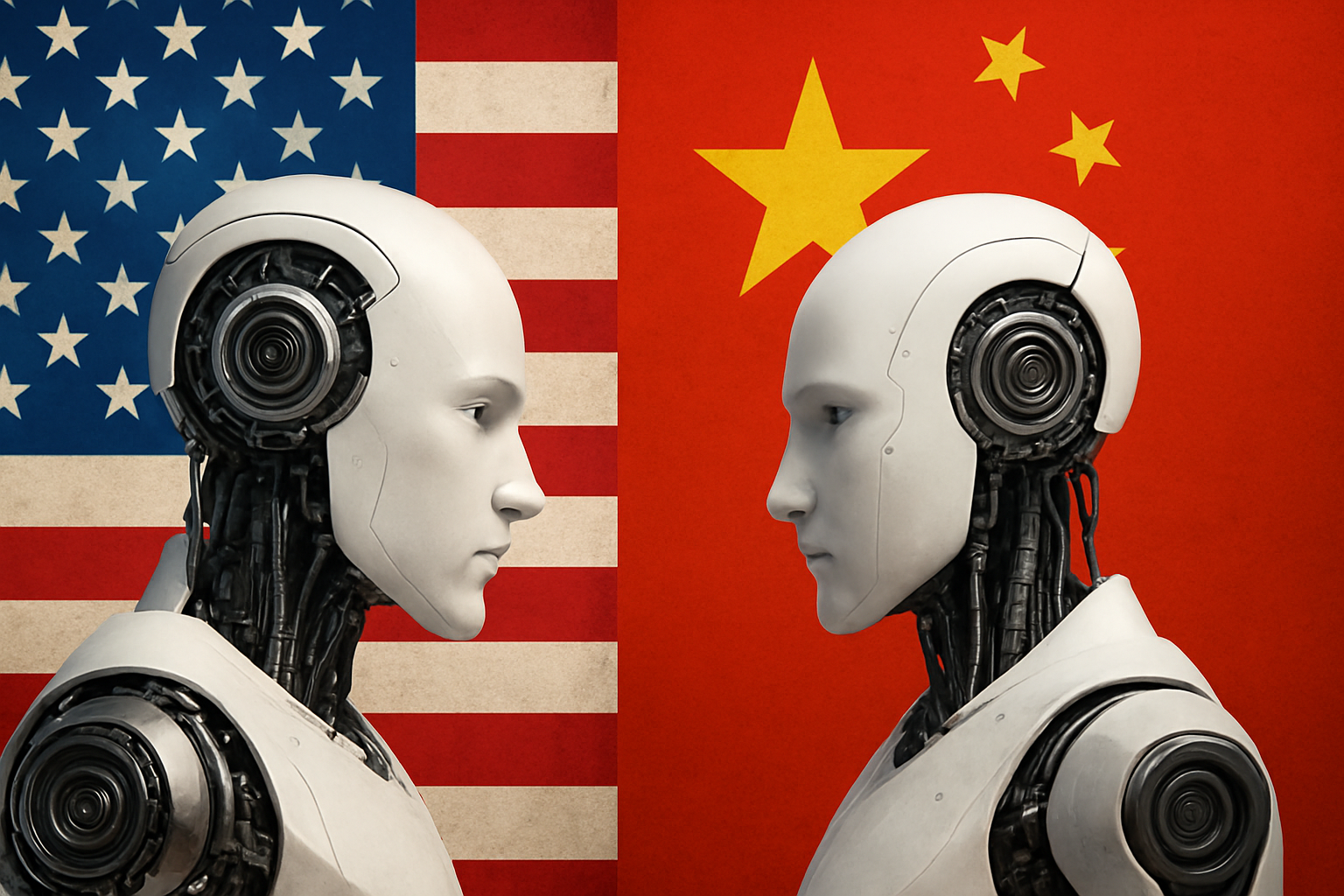 Two humanoid robots representing the US and China face off with national flags in the background, symbolizing the AI showdown between the two superpowers.