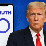Donald Trump standing beside a smartphone displaying the Truth Social app interface, symbolizing the launch of the Truth Social AI chatbot.