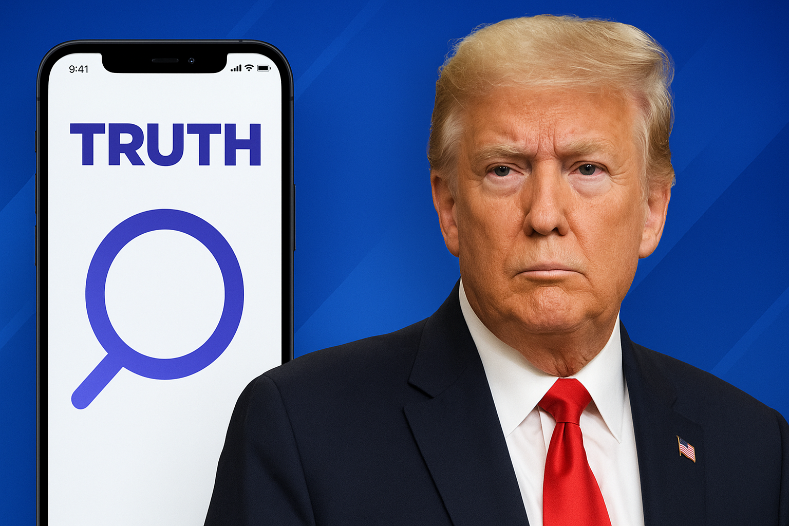 Donald Trump standing beside a smartphone displaying the Truth Social app interface, symbolizing the launch of the Truth Social AI chatbot.