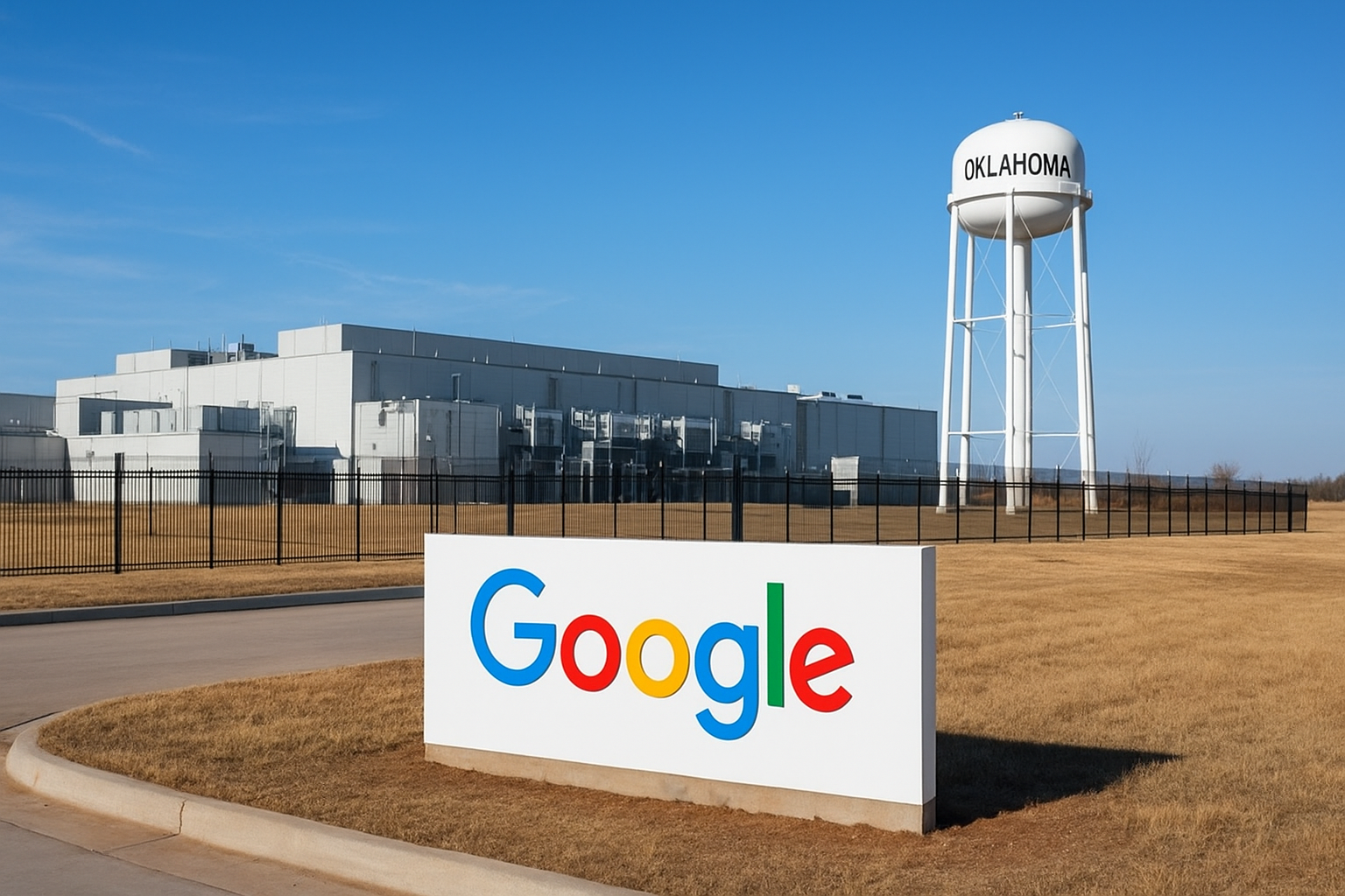 Google AI expansion in Oklahoma featuring a large data center building, Google logo sign, and Oklahoma water tower under a clear blue sky.