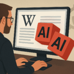 Illustration of a Wikipedia editor reviewing a page to remove AI slop content, with AI-related blocks on the computer screen.