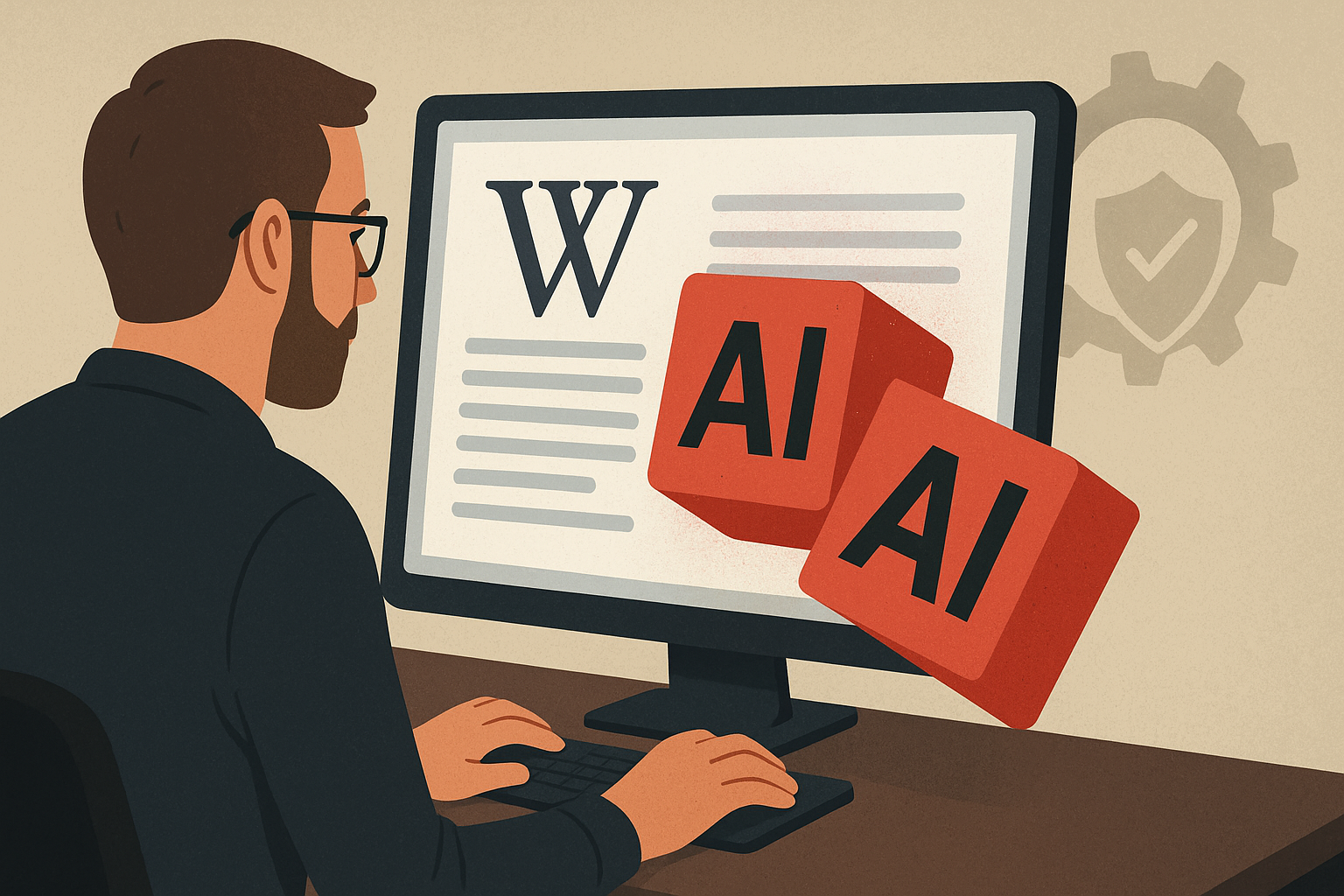 Illustration of a Wikipedia editor reviewing a page to remove AI slop content, with AI-related blocks on the computer screen.