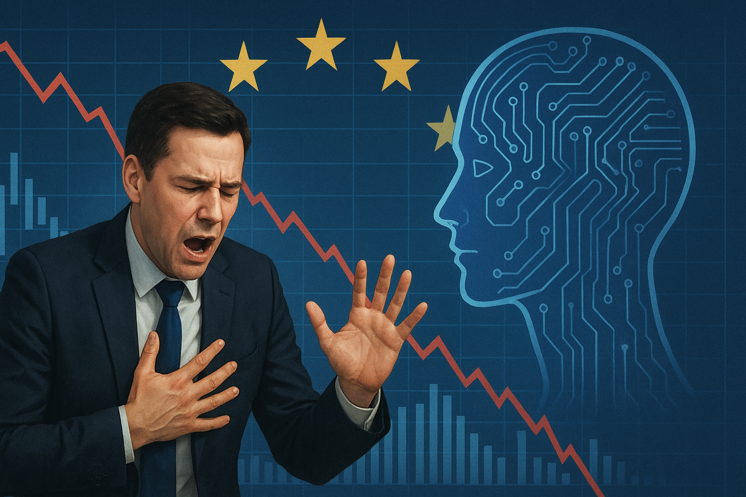 Businessman reacts to market losses amid AI disruption in European tech stocks, with a falling stock chart and AI circuit head illustration.