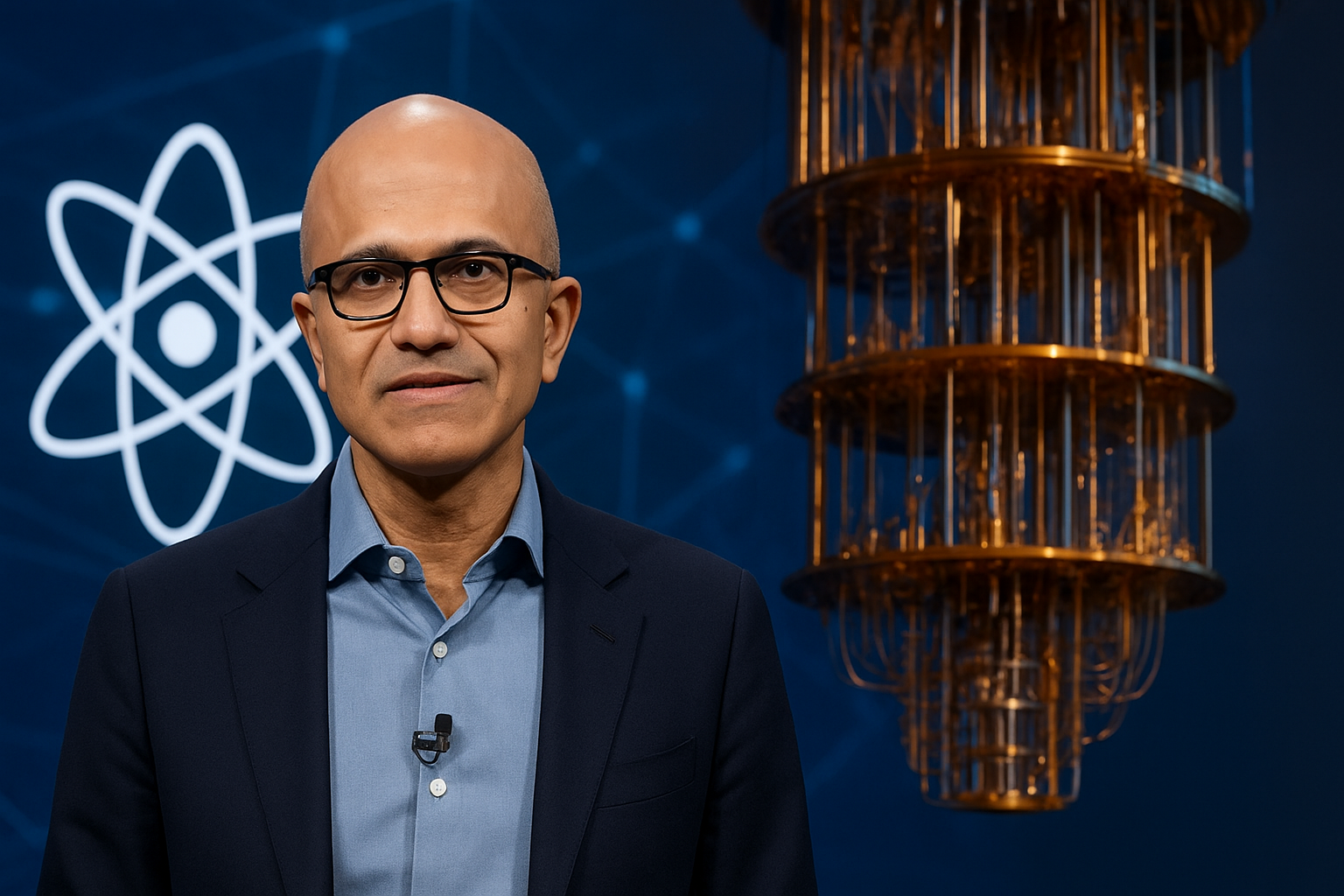 Satya Nadella delivering a keynote on Azure Quantum IonQ with a quantum computer model in the background.