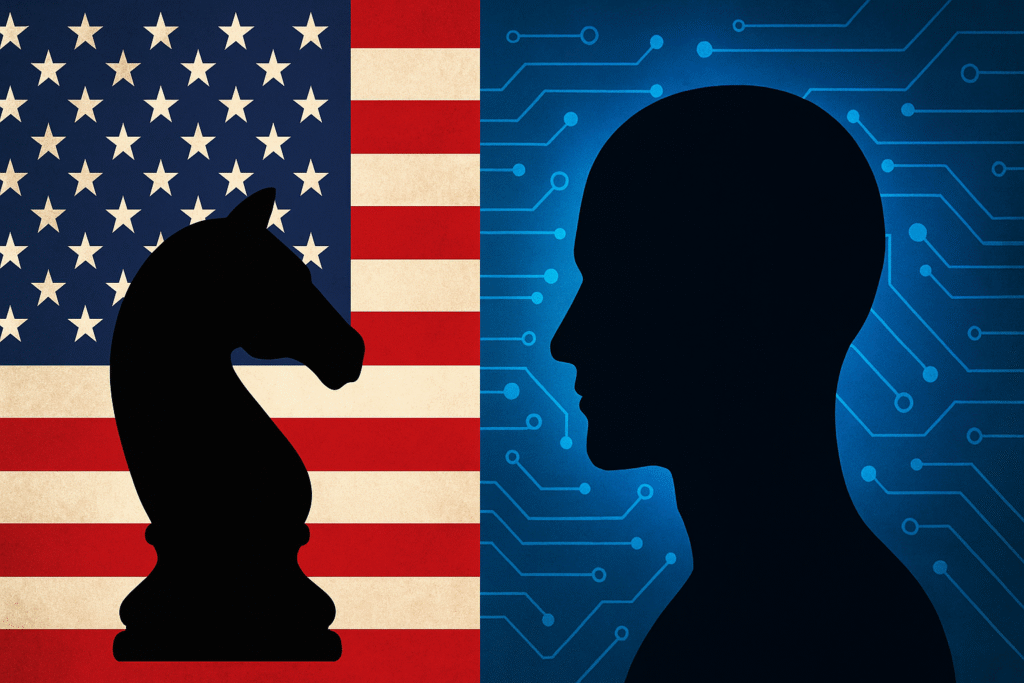Silhouettes of U.S. and China tech soldiers facing off over AI systems and circuits, symbolizing the global AI Cold War.