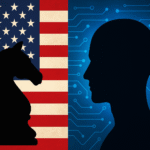 Silhouettes of U.S. and China tech soldiers facing off over AI systems and circuits, symbolizing the global AI Cold War.