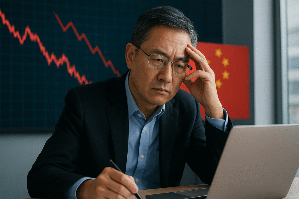 A worried investor analyzes financial charts showing a market decline, symbolizing Nvidia China risks ahead of earnings.
