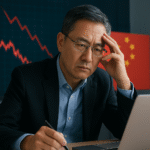 A worried investor analyzes financial charts showing a market decline, symbolizing Nvidia China risks ahead of earnings.