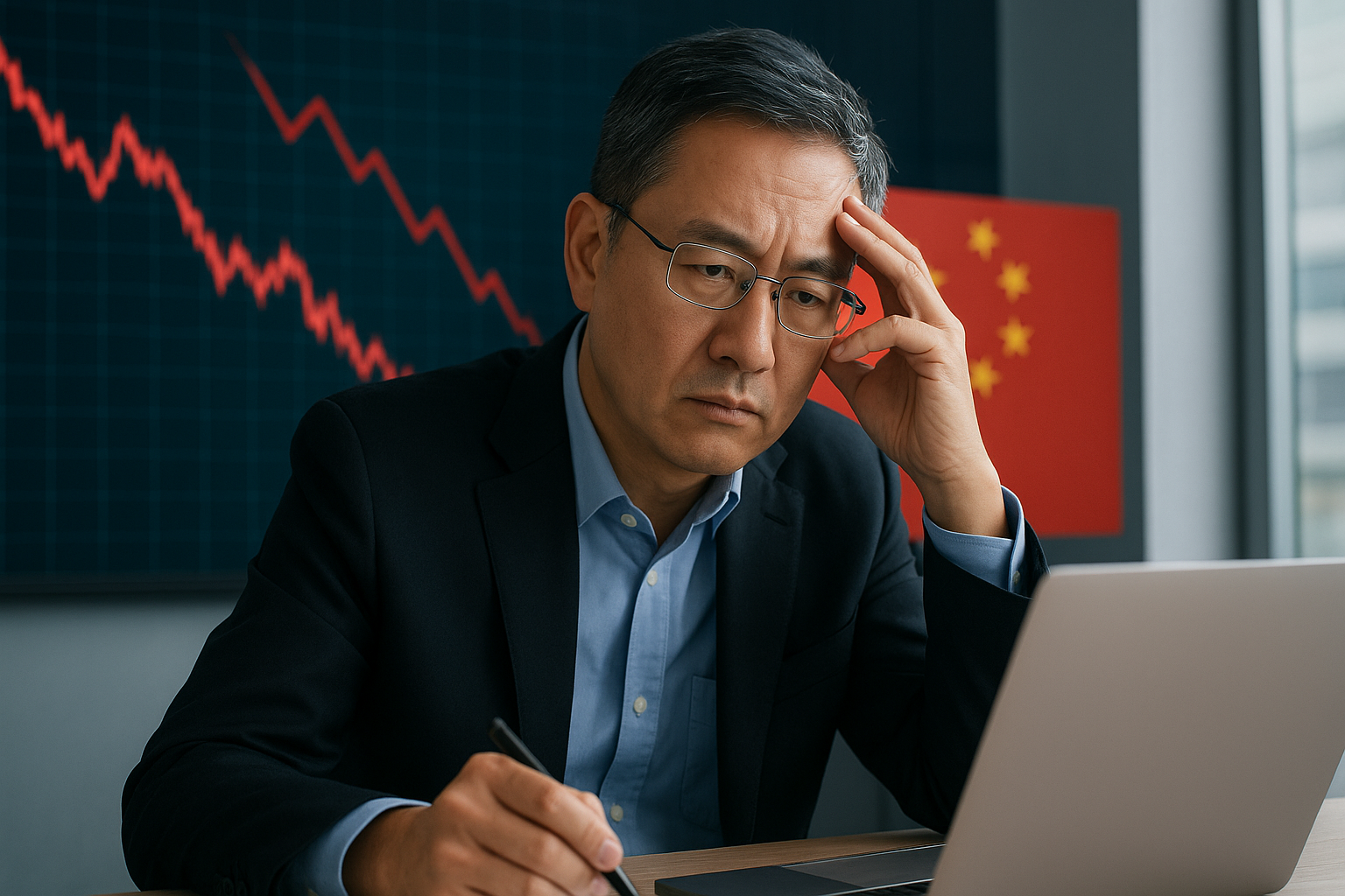 A worried investor analyzes financial charts showing a market decline, symbolizing Nvidia China risks ahead of earnings.