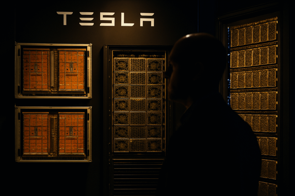 Tesla server room with advanced computing hardware as company disbands Dojo supercomputer team, marking a shift in AI strategy.