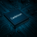 Close-up of a Cambricon AI chip on a motherboard with glowing circuits.