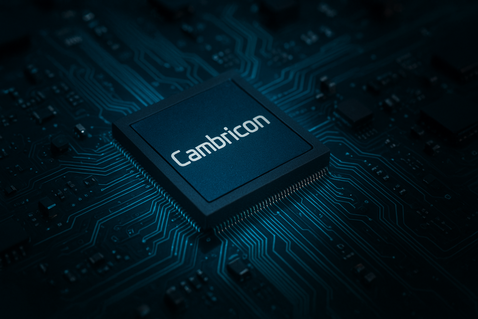 Close-up of a Cambricon AI chip on a motherboard with glowing circuits.