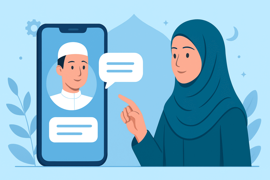 A Muslim woman interacting with an AI chatbot for Muslims on her smartphone, showcasing Islamic guidance through modern technology.
