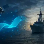 Satellite and naval ship connected by glowing quantum networking wave for Canadian defence modernization.