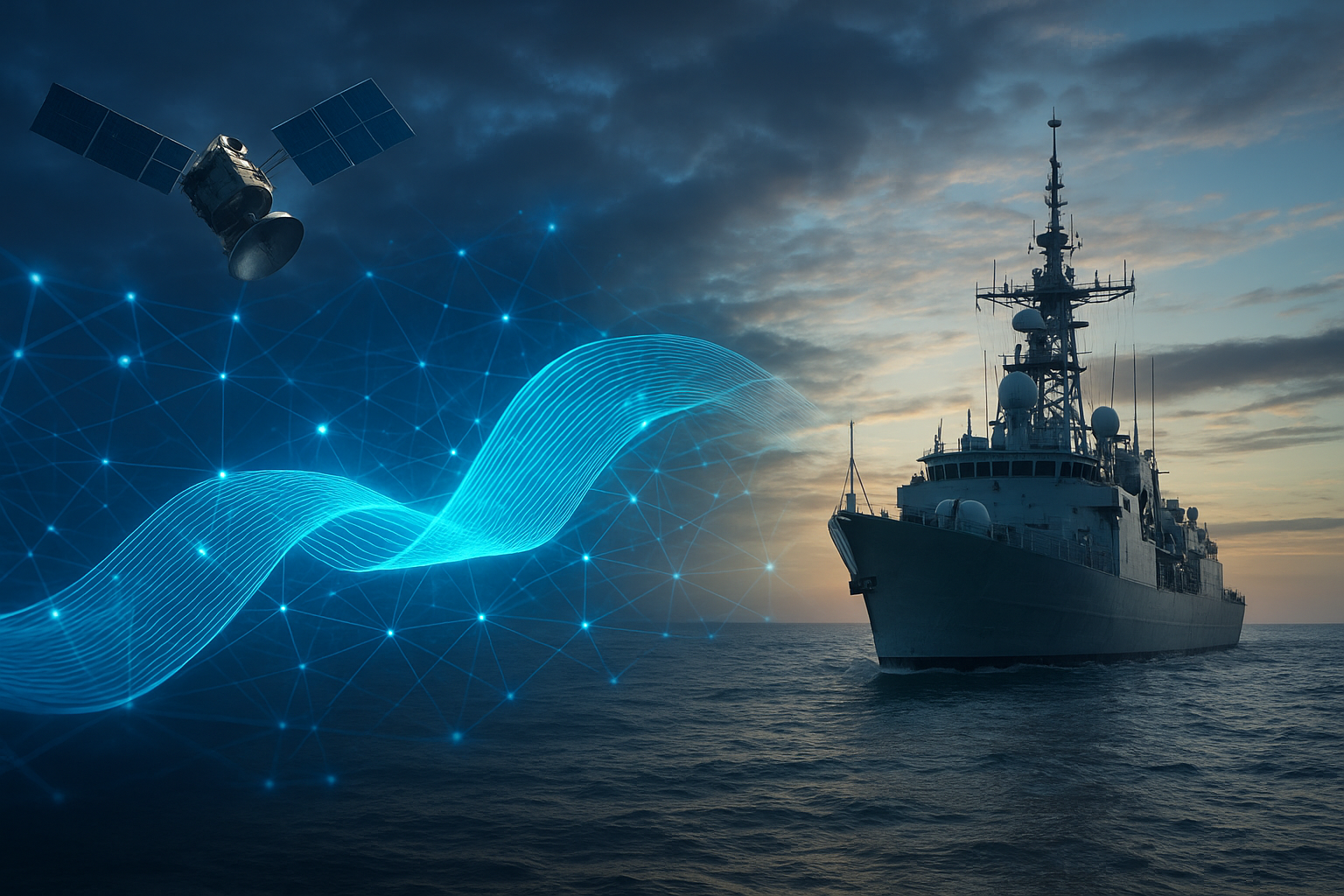 Satellite and naval ship connected by glowing quantum networking wave for Canadian defence modernization.