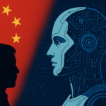 A split-screen illustration showing a Chinese man silhouetted against the China flag facing a futuristic AI robot, symbolizing China AI development 2025.