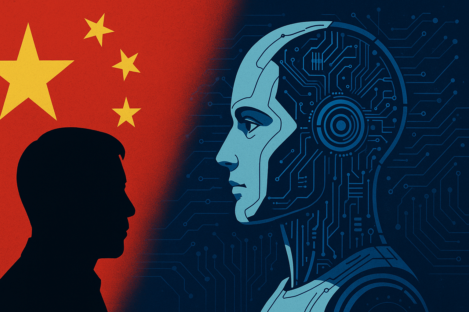 A split-screen illustration showing a Chinese man silhouetted against the China flag facing a futuristic AI robot, symbolizing China AI development 2025.
