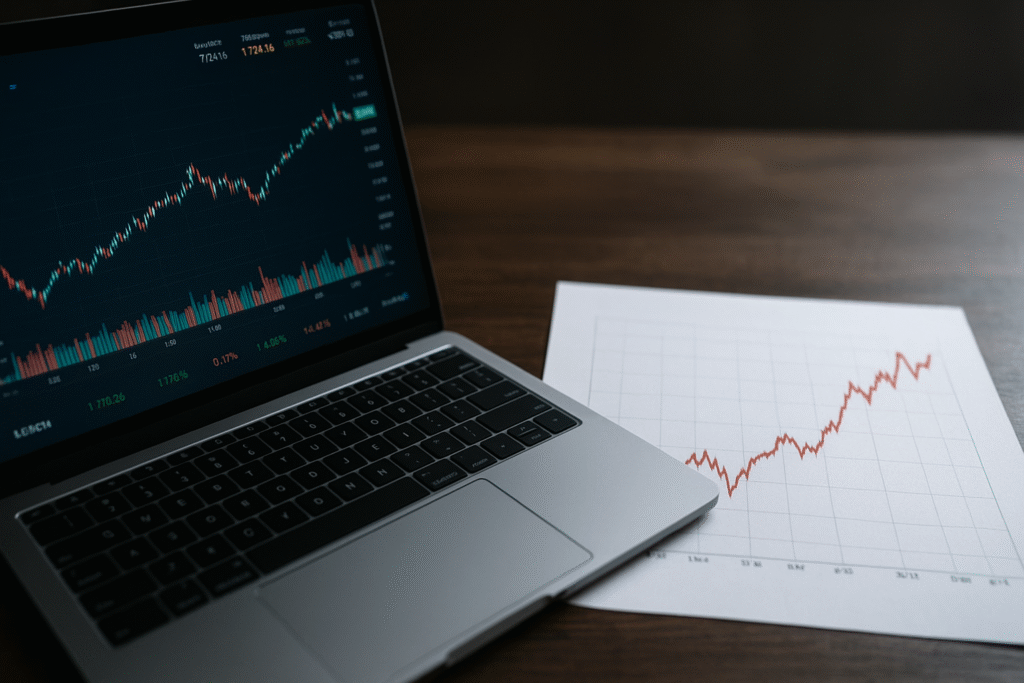 Laptop showing stock charts and financial graphs representing Nvidia earnings impact on tech stocks in global markets