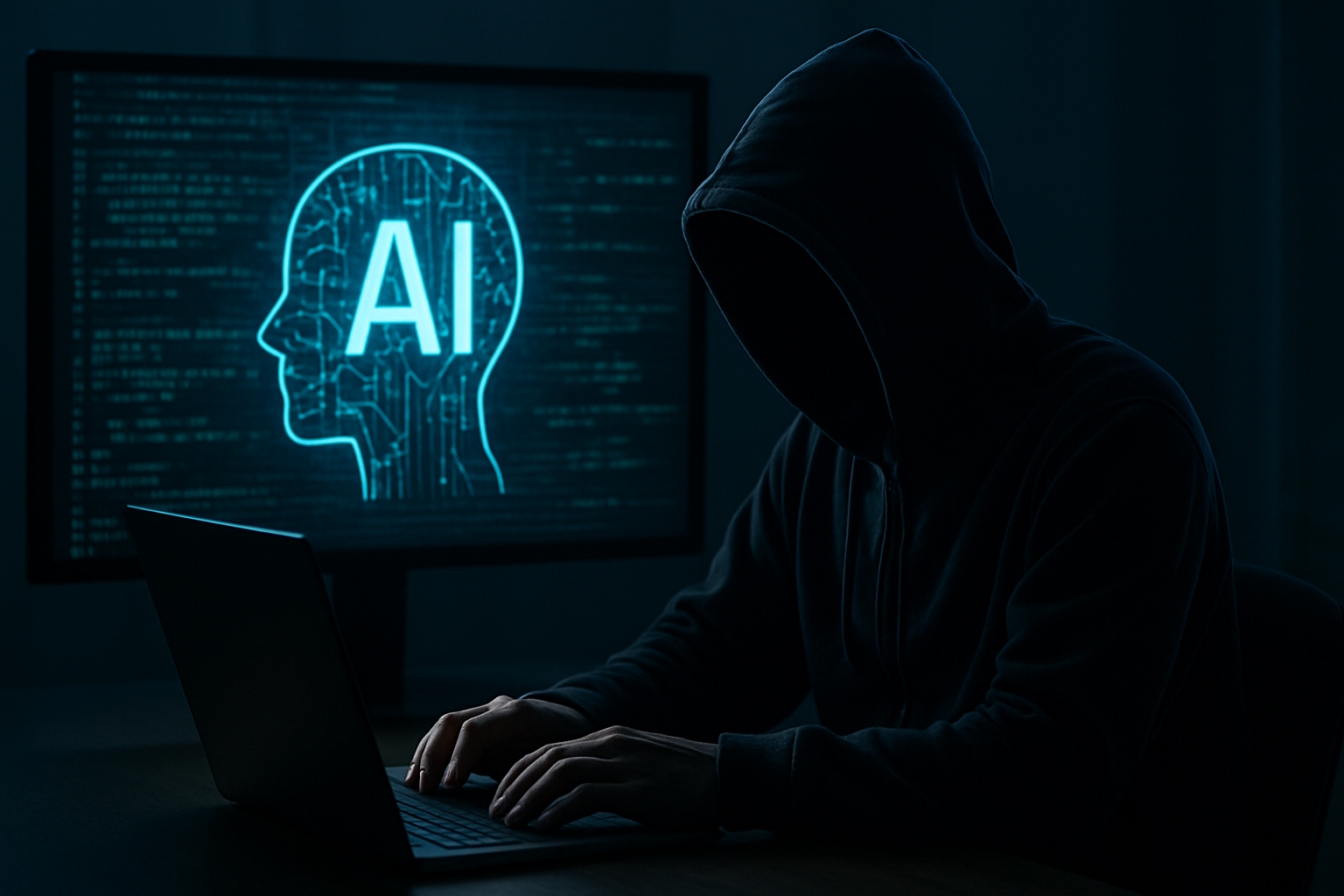 A hooded hacker using AI tools on a laptop, symbolizing the rise of AI cybercrime.