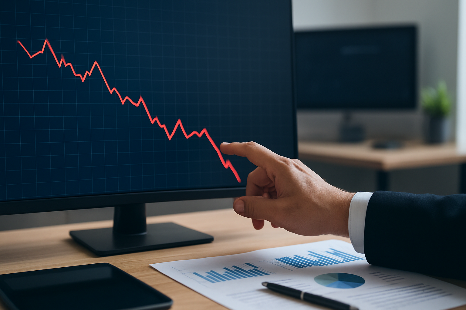 A businessman points to a declining stock market graph on a computer screen, symbolizing why software shares are in the doldrums due to AI disruption.