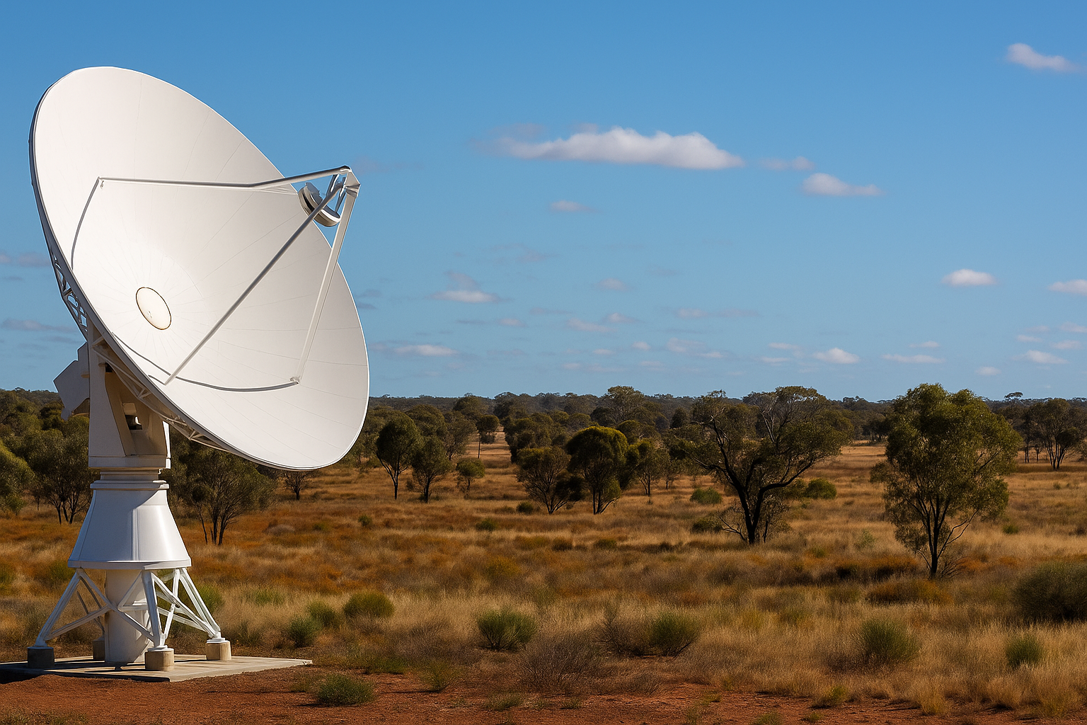 A large white satellite dish in rural Australia representing the expansion of satellite internet Australia services under Amazon's Project Kuiper.