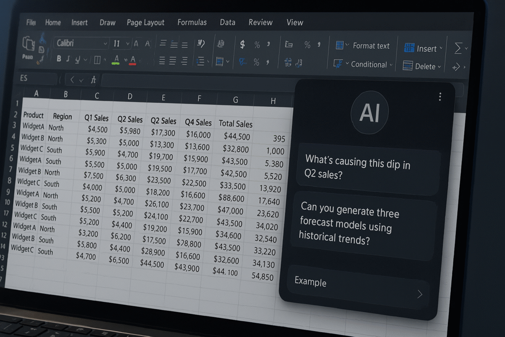 A computer screen displaying an Excel-style spreadsheet enhanced with AI features and queries, representing an Excel AI tool in action.