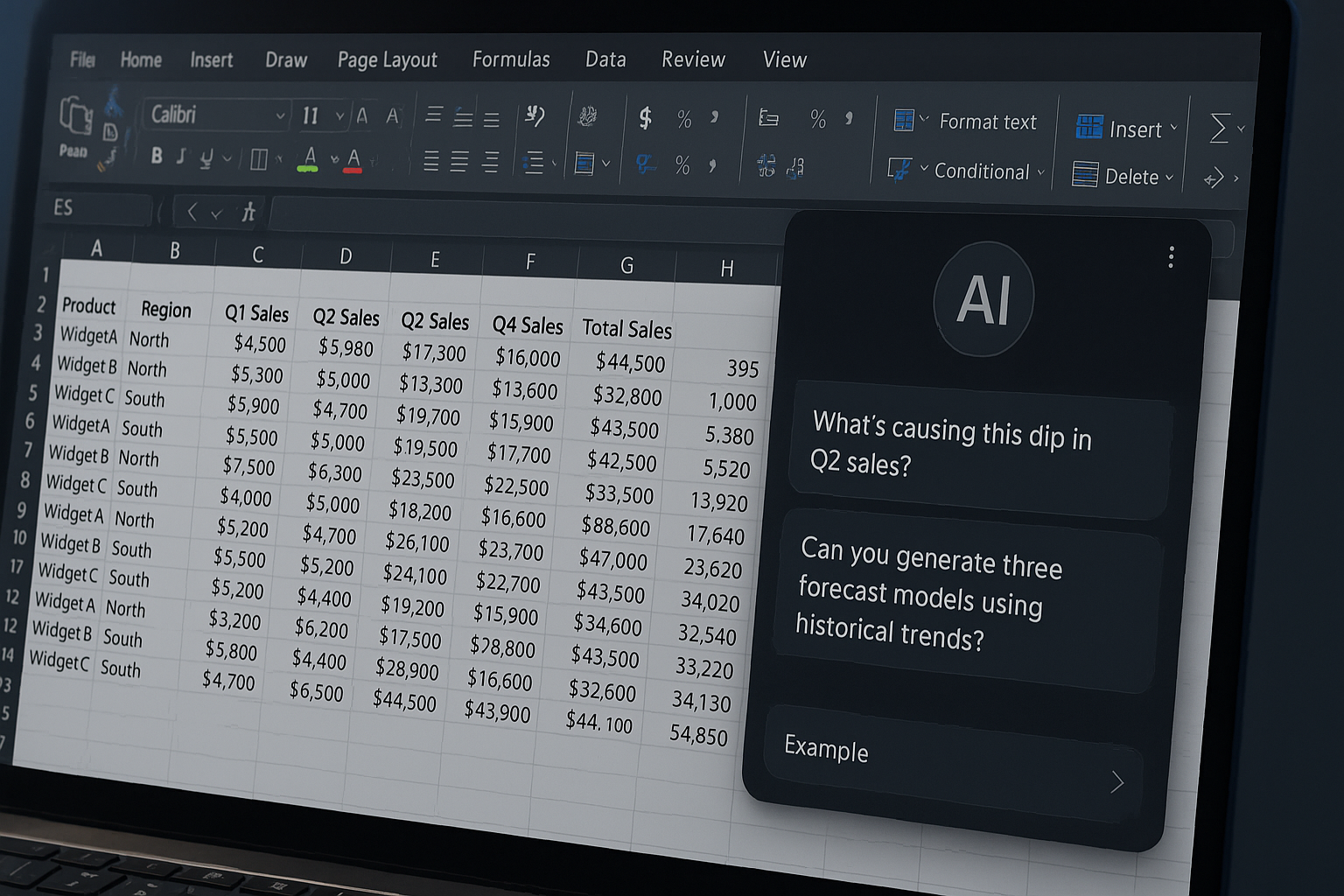 A computer screen displaying an Excel-style spreadsheet enhanced with AI features and queries, representing an Excel AI tool in action.