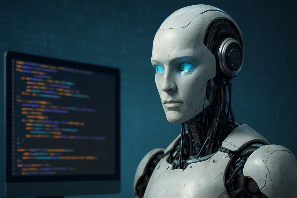 Photorealistic humanoid AI robot with glowing blue eyes beside a computer screen, representing GPT-5’s advanced one-size-fits-all capabilities.