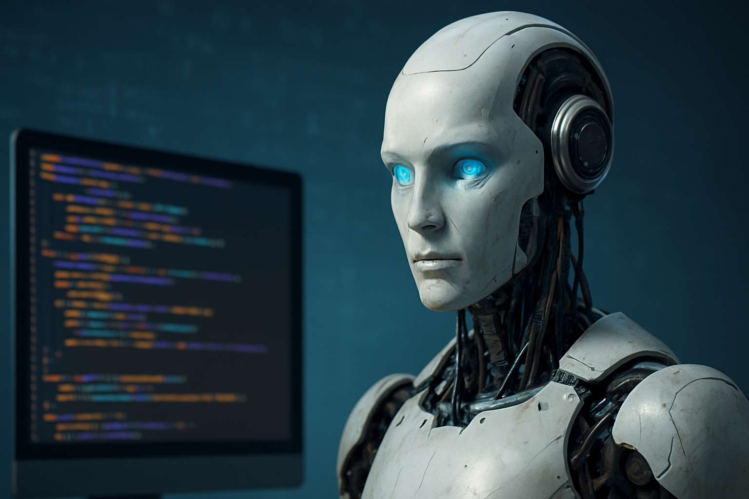Photorealistic humanoid AI robot with glowing blue eyes beside a computer screen, representing GPT-5’s advanced one-size-fits-all capabilities.