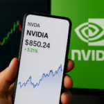 Close-up of a smartphone showing Nvidia stock performance with price and growth chart, highlighting Nvidia stock valuation trends.