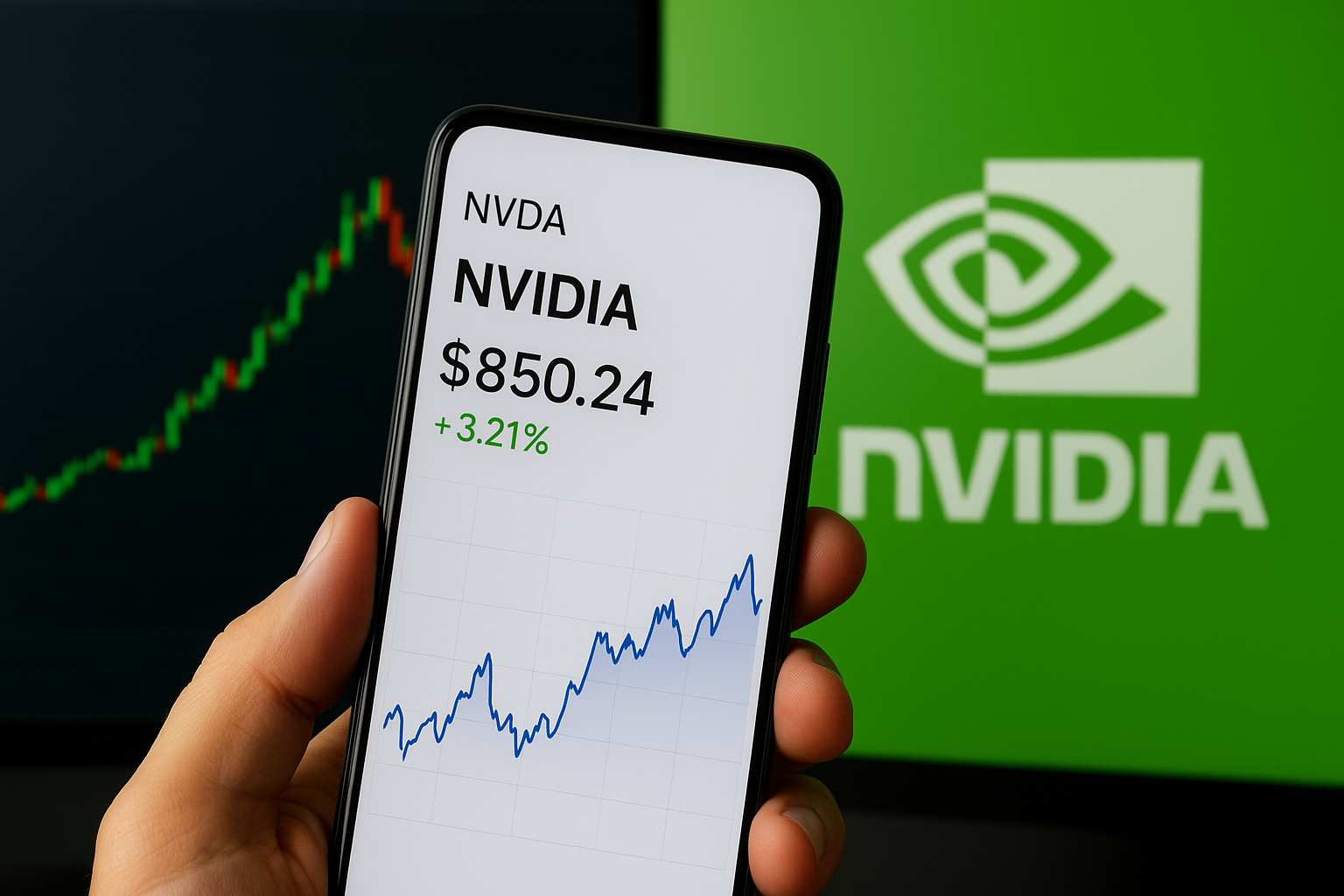 Close-up of a smartphone showing Nvidia stock performance with price and growth chart, highlighting Nvidia stock valuation trends.